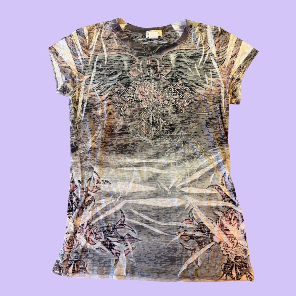 Y2K California Girlz Burnout Rhinestone Cross Graphic Tee Grunge Emo #18